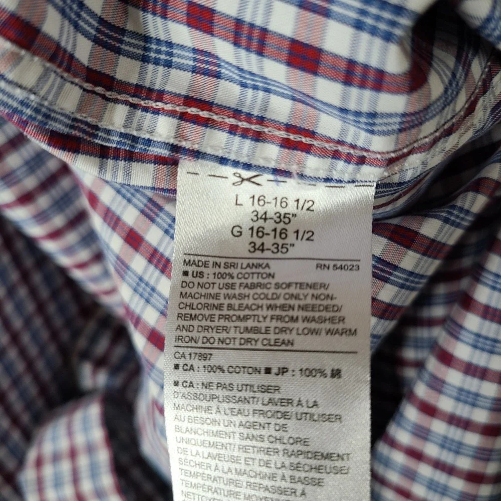 Banana Republic Shirt Mens L 34-35 Red White Blue Plaid Non‎ Iron Standard Fit